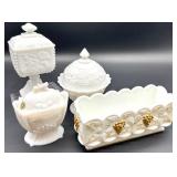 Vintage Westmoreland Glass Grapes & Leaves Milk Glass Covered Dishes and Rectangular Dish