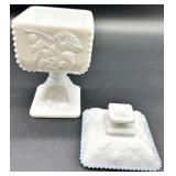 Vintage Westmoreland Glass Grapes & Leaves Milk Glass Covered Dishes and Rectangular Dish