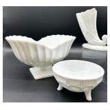Vintage Westmoreland Glass Milk Glass - Footed Fluted Bowl, Diamond Pattern Bowl and Cornucopia Vase
