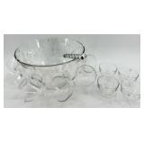 Vintage Glass Punch Bowl Set with 12 Glass Cups and Hooks