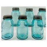 Vintage Ball Perfect Mason Blue Glass Jars - Set of 6 - Zinc Lids with Milk Glass Insert #1