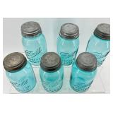 Vintage Ball Perfect Mason Blue Glass Jars - Set of 6 - Zinc Lids with Milk Glass Insert #1