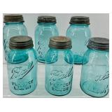 Vintage Ball Perfect Mason Blue Glass Jars - Set of 6 - Zinc Lids with Milk Glass Insert #3