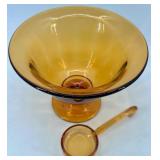 Vintage Amber Glassware Set - Pedestal Mayo Bowl with Glass Spoon, Divided Dish and Dish with Handles