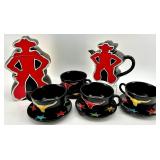 Dept 56 Longhorn Teapots & Cups & Saucers Set - Black w/ Red & Yellow Logos