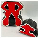 Dept 56 Longhorn Teapots & Cups & Saucers Set - Black w/ Red & Yellow Logos