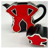 Dept 56 Longhorn Teapots & Cups & Saucers Set - Black w/ Red & Yellow Logos