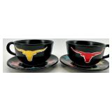 Dept 56 Longhorn Teapots & Cups & Saucers Set - Black w/ Red & Yellow Logos