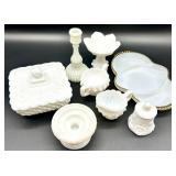 Vintage Milk Glass including Daisy Pattern - Lidded Box, Candlestick, Compotes & Dishes