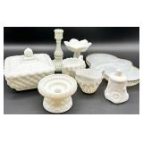 Vintage Milk Glass including Daisy Pattern - Lidded Box, Candlestick, Compotes & Dishes