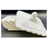 Vintage Milk Glass including Daisy Pattern - Lidded Box, Candlestick, Compotes & Dishes