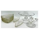 Vintage Viking, Jeanette, Indiana Glass Clear Glassware - Cake Stand & Leaf-Shaped Dishes with Stacked Plates and Candelabra