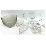 Vintage Viking, Jeanette, Indiana Glass Clear Glassware - Cake Stand & Leaf-Shaped Dishes with Stacked Plates and Candelabra