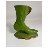 Atlantic Mold Green Glazed Gold Ceramic Victorian Boot Vase Planter