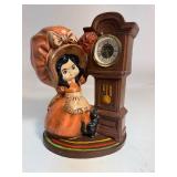 Large Vintage Holly Hobbie Style Figurine Clock Girl with Bonnet Cat and Grandfather Clock Made In Germany