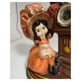 Large Vintage Holly Hobbie Style Figurine Clock Girl with Bonnet Cat and Grandfather Clock Made In Germany
