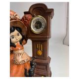Large Vintage Holly Hobbie Style Figurine Clock Girl with Bonnet Cat and Grandfather Clock Made In Germany
