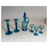 Lot of Blue Hand Blow Glass Decanter, Cups, & Candle Holders
