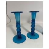 Lot of Blue Hand Blow Glass Decanter, Cups, & Candle Holders