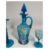 Lot of Blue Hand Blow Glass Decanter, Cups, & Candle Holders