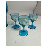 Lot of Blue Hand Blow Glass Decanter, Cups, & Candle Holders