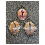 Oval Convex Dome Glass Pictures Ornate Brass Frame Farmer/Wife Praying