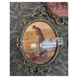 Oval Convex Dome Glass Pictures Ornate Brass Frame Farmer/Wife Praying