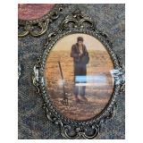 Oval Convex Dome Glass Pictures Ornate Brass Frame Farmer/Wife Praying