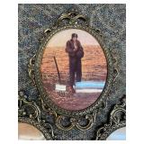 Oval Convex Dome Glass Pictures Ornate Brass Frame Farmer/Wife Praying