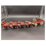 Vintage Cast Iron Red Horses Team with Wagon Toy Set (Lot of 6)