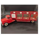 Vintage Red Tin Circus Truck with Cage Trailer - 3 Compartments, Gold Trim, Collectible