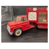 Vintage Red Tin Circus Truck with Cage Trailer - 3 Compartments, Gold Trim, Collectible
