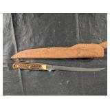 Antler-Handled Knife - Leather Sheath - Vintage Hunting/Utility Blade