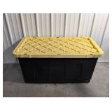 Large Black Plastic Storage Tote with Yellow Lid and Wheels