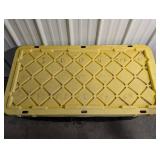 Large Black Plastic Storage Tote with Yellow Lid and Wheels