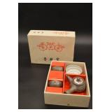 Japanese Stoneware Teapot Set with 4 Cups & White Swirl Bowl in Box - Gray Crackle Glaze