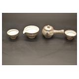 Japanese Stoneware Teapot Set with 4 Cups & White Swirl Bowl in Box - Gray Crackle Glaze