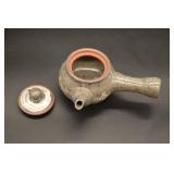 Japanese Stoneware Teapot Set with 4 Cups & White Swirl Bowl in Box - Gray Crackle Glaze