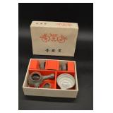 Japanese Stoneware Teapot Set with 4 Cups & White Swirl Bowl in Box - Gray Crackle Glaze