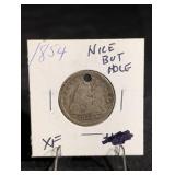 1854 United States Seated Liberty Quarter Dollar - Holed, XF