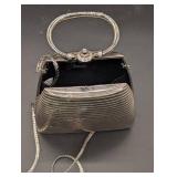 Two Vintage Beaded Evening Handbags - Black Fringe Bead Bag & Silver Ribbed Clutch