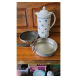 2 8" Fry Pans, Wear-Ever and Northcrest Gourmet, and a Coffee Carafe.