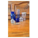 Blue Glass, Jiffy PB Jar, Tall Blue Vase,  3 Small Jars