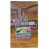 Coke Lot, Mug, 2 bottles, Glass, and Tin Box