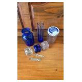 Blue Glass, Jiffy PB Jar, Tall Blue Vase,  3 Small Jars