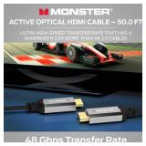 Monster Essentials Directional Fiber Optic HDMI 2.1-48 Gbps Active Optical Cable Featuring Aluminum Extrusion Connector - Supports 8K @ 60HZ, 4K @ 120HZ, Premium Certified, V-Grip, 50ft