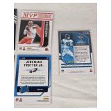 Lot of 7 Rookies and Inserts Football Cards Featuring Jahmyr Gibbs, Jaxon Smith-Njigba, Baker Mayfield, Trevor Lawrence, Deshaun Watson, and Jeremiah Trotter Jr.