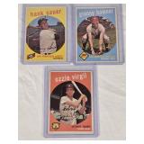 Lot of 3 Vintage 1959 Topps Baseball Cards Featuring Granny Hamner, Hank Sauer, and Ozzie Virgil.