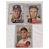 Lot of 3 Vintage 1953 Topps Baseball Cards Featuring Sammy White, Ebba St. Claire, and Ray Boone.