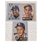 Lot of 3 Vintage 1953 Topps Baseball Cards Featuring Gene Conley, John Logan, and Luis Aloma.